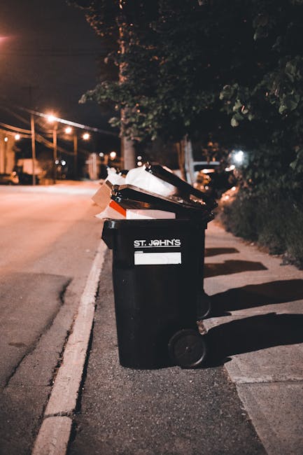 A black wheeled rubbish bin labeled 'St. John's' is situated on a sidewalk next to a dark, leafy shrubbery-covered area. The bin appears to be filled with various waste materials, including cardboard 